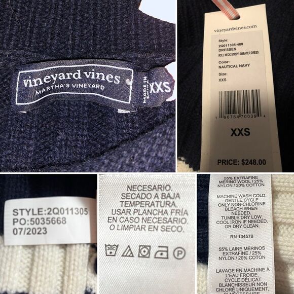Vineyard Vines Nautxal Navy White Roll Neck Stripe Sweater Dress Mini XXS NWT - Picture 9 of 10